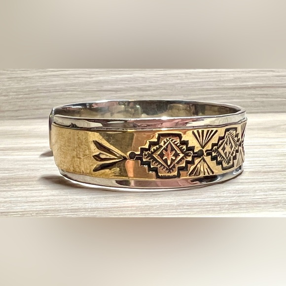 Designer Signed Native American Sterling Silver & 12K Gold Filled Cuff Bracelet - Picture 3 of 7